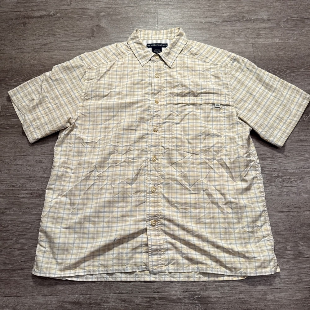 ExOfficio Shirt Mens M Yellow Nylon Vented Fishing River Plaid Summer Gorpcore